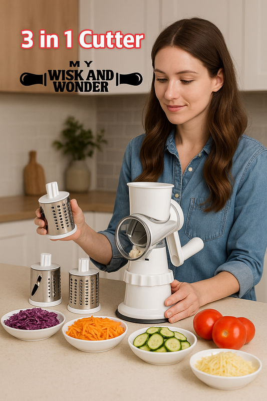 Premium Küchenhobel & Gemüsereibe – Multifunktionaler Dreh-Cutter mit 3 Trommeln für Gemüse, Käse & Obst